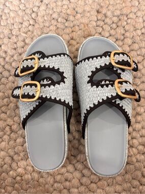 Crocheted Slide Sandals w/Gold Buckles in Light Blue & Black new unworn size 9
